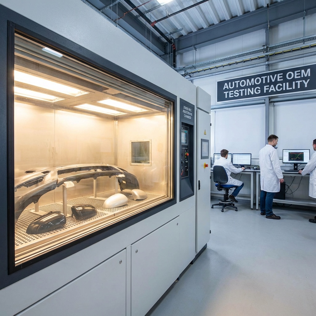 Automotive material specimens inside a xenon arc weathering chamber for GMW14162 and FLTM BO 116-01 OEM weathering qualification testing