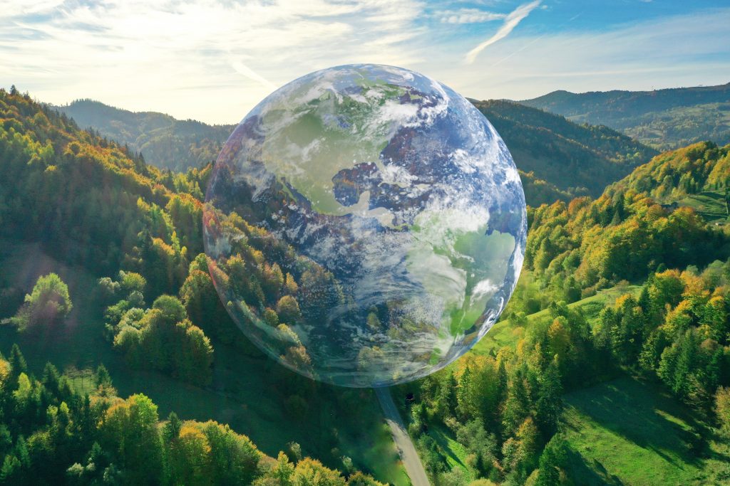Globe of the world in a natural environment with trees and grass on hills under the daytime sky