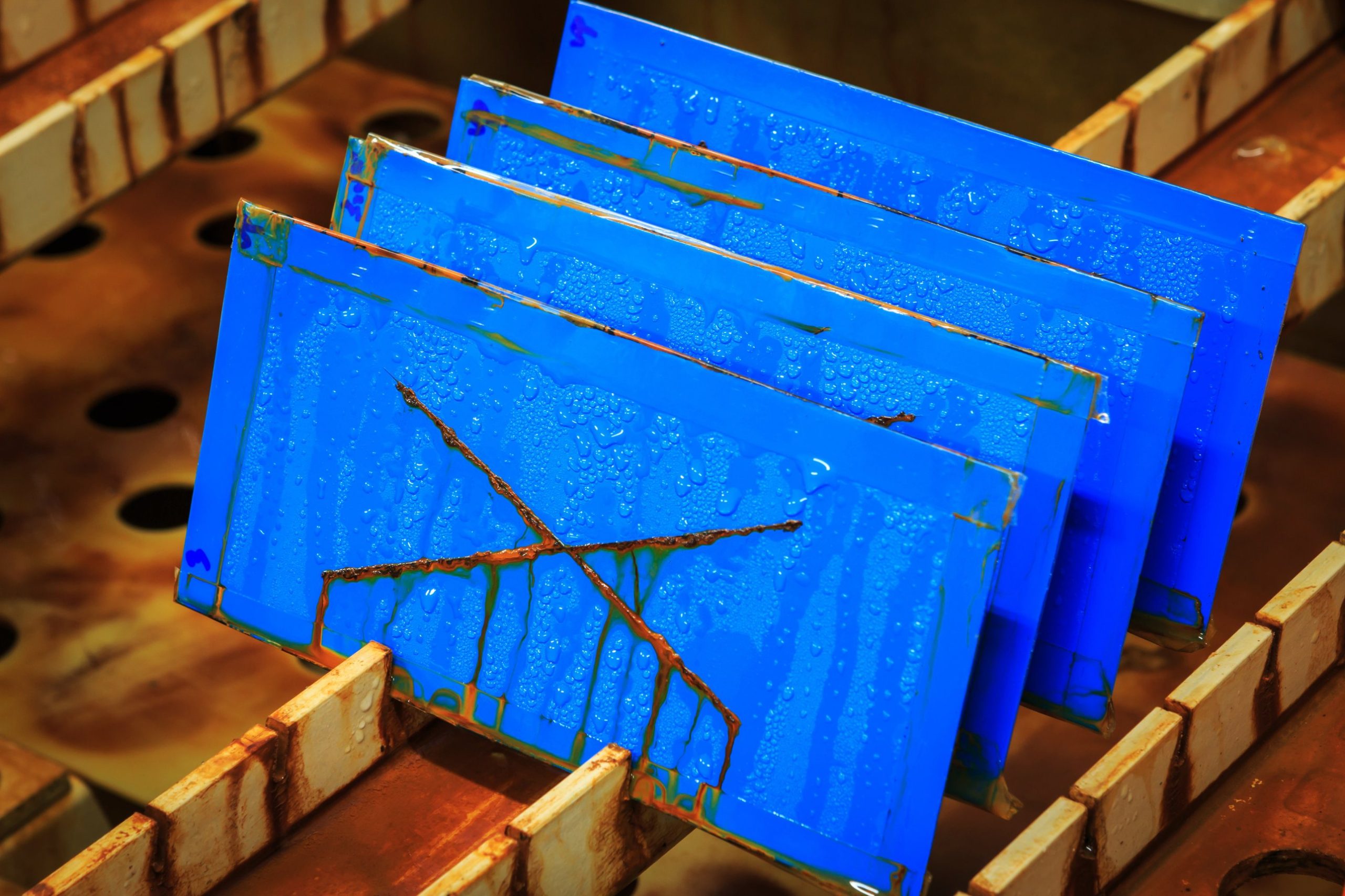 Scribed coated steel test panels after salt spray testing.