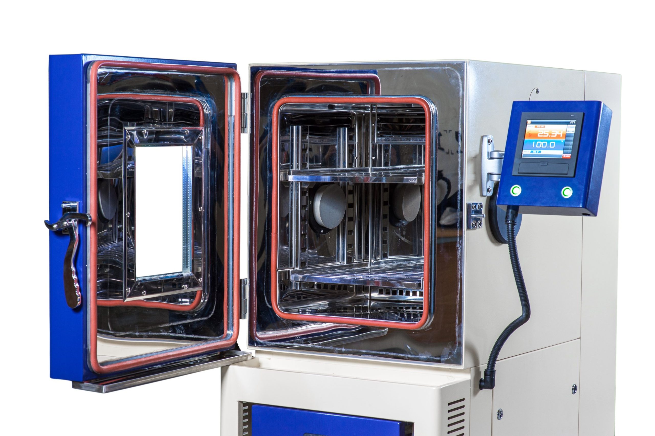 Open temperature and climate test chamber used for temperature cycling and thermal shock testing.
